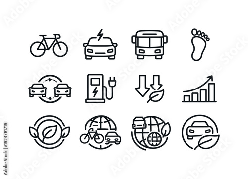 Sustainable Transportation. Line outline icon set of Sustainable Transportation: bicycle,