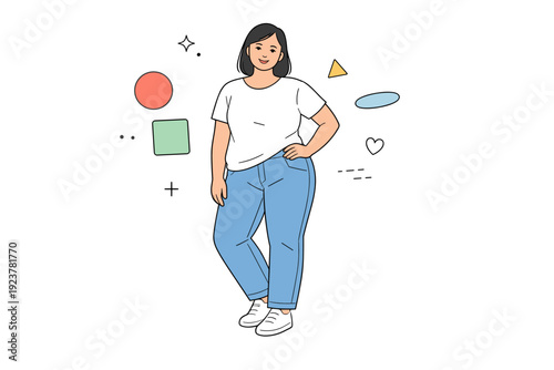 Non-model body types. A single figure stands confidently, weight shifted naturally, wearing simple everyday clothes. Emphasis on normal proportions and quiet