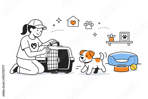 Animal shelter help. A volunteer opening a carrier and welcoming a rescued animal into a safe shelter space. Calm transition from danger to