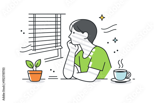 Blinds casting lines. A person sits by a window with blinds, soft light and lines falling across their face and shoulders. Editorial moment about quiet,