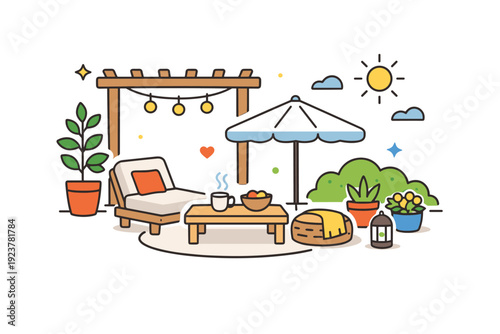 Landscaping and outdoor design ideas depicted as a cozy patio scene with minimal furniture, plants, and soft decorative elements, emphasizing
