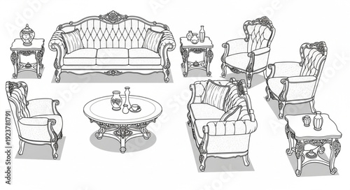 Elegant antique furniture set sketch, showcasing intricate design and luxury.