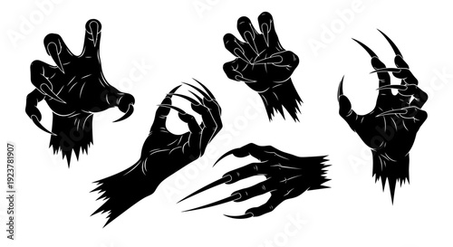 Collection of five black silhouette illustrations of monstrous hands with sharp claws and ragged cuffs, depicting various menacing poses.