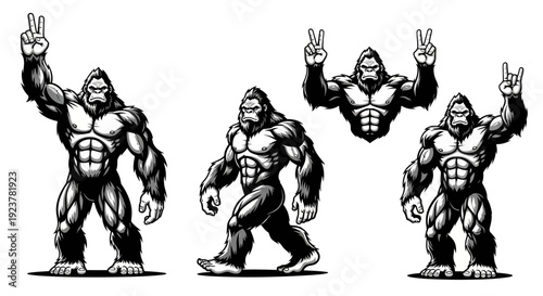 A muscular ape character depicted in various poses, including giving peace signs and a rock-and-roll gesture.
