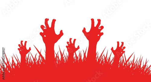 Red silhouette of zombie hands emerging from the grass against a white background.