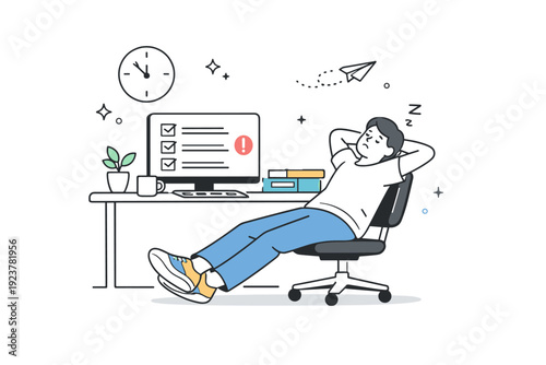Disengaged employee at workplace. A person leans back in a chair while tasks remain untouched on the screen, expressing boredom and low