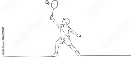 One continuous line drawing of young badminton player ready to hit shuttlecock with racket. Sport concept. Dynamic single line draw design. one line Icon drawing