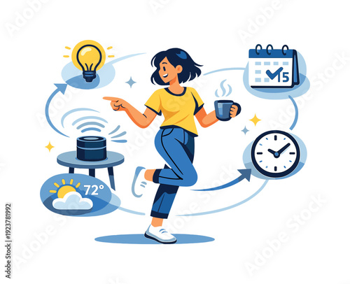 Smart daily routines. Person at home interacting with voice assistant, lights, calendar, and