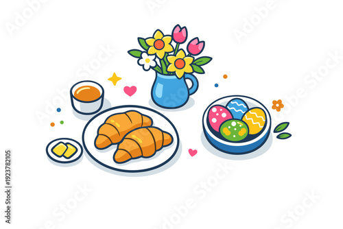Easter brunch table a cozy tabletop view with croissants, painted eggs, and a vase of spring flowers, expressing celebration, comfort, and