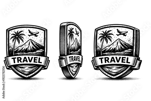 Travel badge emblem depicted as a single symbolic object shown in front view, side view, and three-quarter view to demonstrate shape and