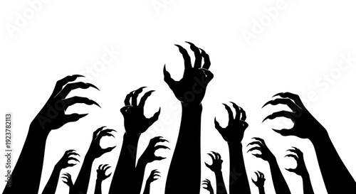 A multitude of silhouetted hands with sharp claws reaching upwards against a white background.