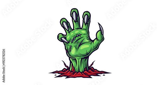A creepy green zombie hand with sharp claws emerging from cracked red ground.