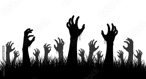 A horde of zombie hands emerges from the ground, silhouetted against a white background, symbolizing a terrifying outbreak.