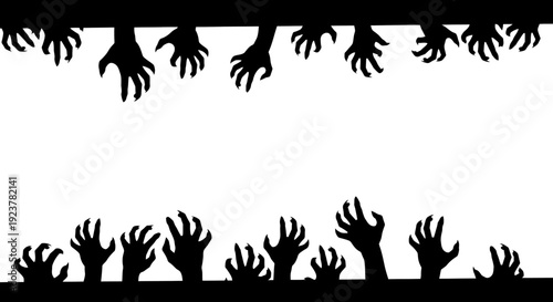 Silhouettes of many reaching hands emerging from the top and bottom edges of a white background, suggesting a theme of zombies or a desperate situation.