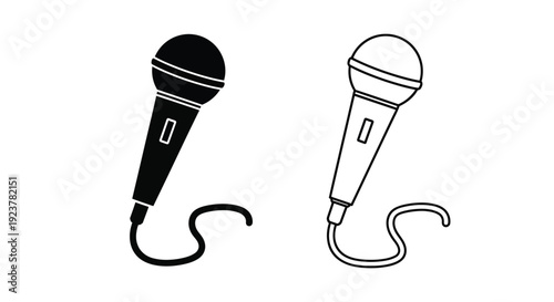 Two vintage microphones depicted in a simple black and white silhouette