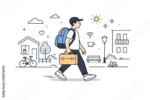 Everyday nomad routine. Person walking with a backpack and laptop bag through a calm residential street. Slow rhythm of life and work balance in a