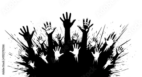 A multitude of black silhouetted hands reaching upwards from a dark, explosive base against a white background.