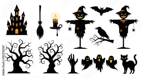 A collection of black Halloween-themed silhouettes including a haunted castle, scarecrows, ghosts, a black cat, and a spooky tree.