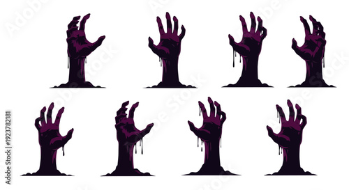 Collection of spooky purple zombie hands emerging from the ground, perfect for Halloween themes.
