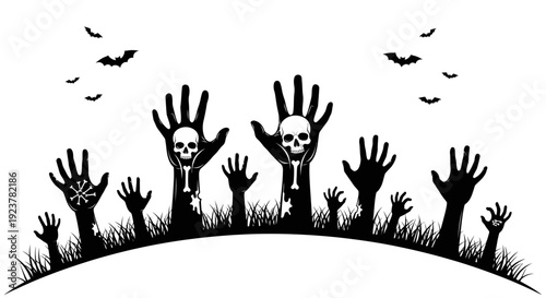 Silhouette of zombie hands and skulls emerging from the ground with bats flying in the night sky, representing a Halloween theme.