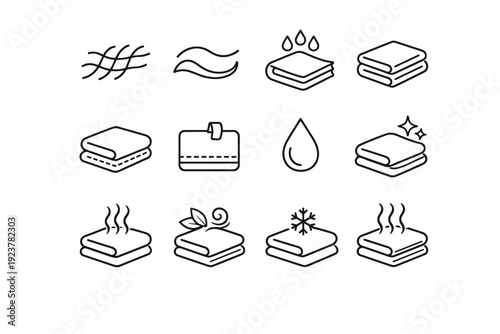 Towel Textures & Symbols. Line icon set of Towel Textures & Symbols: towel fiber lines, soft texture wave, absorbent towel icon, towel thickness layer,
