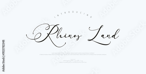 Rhinos Land, Script alphabet letters font logo. Typography luxury classic lettering serif italic fonts decorative wedding vintage retro logos. vector illustration
