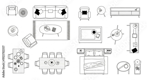 Detailed architectural blueprints showcasing various furniture designs and layouts for interior spaces.