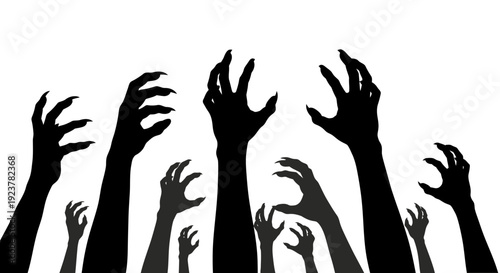 Silhouette of many clawed hands reaching up against a white background.