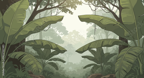 Dense jungle canopy featuring large banana leaves and tropical vines in a misty and atmospheric rainforest setting in a sophisticated vector style