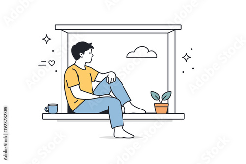 People framed by windows. A person sits on a window sill, body naturally framed by the window opening. Moment of rest and contemplation, soft light filling the