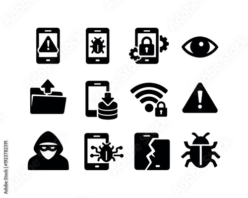 Mobile security threats. Filled icon set of Mobile security threats: smartphone warning,