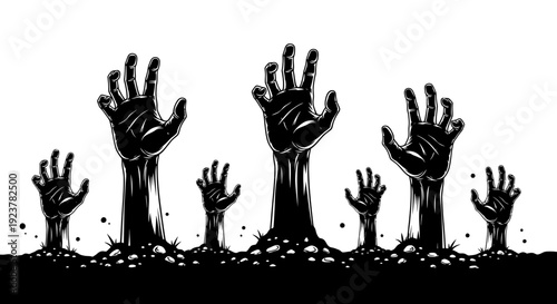 A group of zombie hands emerging from the ground, symbolizing horror and the undead.