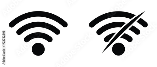 Vector Wi-Fi icons representing internet connection, offline mode, and network settings with signal and prohibited symbol for devices