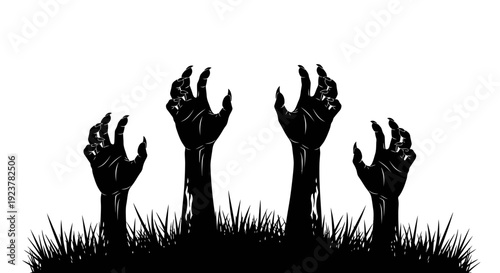 Silhouette of four creepy zombie hands emerging from the ground covered in grass.