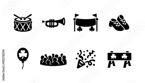 St. Patrick?s Day parade. Filled icon set of St. Patrick?s Day parade: marching band drum,