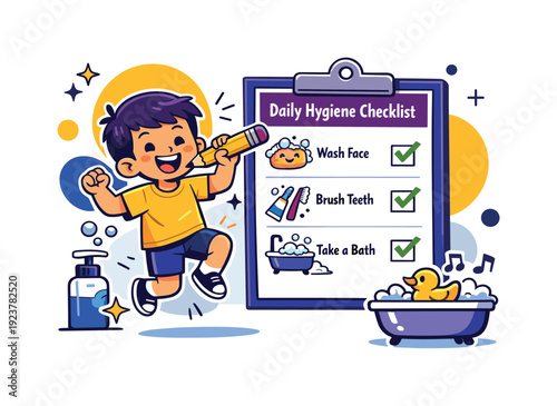 Daily hygiene checklist. Child following a simple checklist with icons for washing, brushing