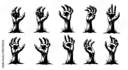A collection of ten zombie hands emerging from the ground, depicted in a black and white illustration style.