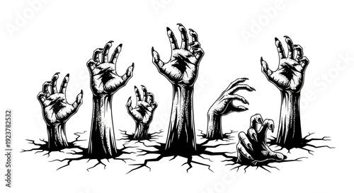 A collection of undead hands emerging from cracked ground, symbolizing horror and the supernatural.