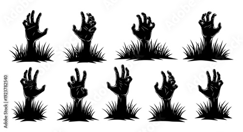 Collection of ten silhouetted zombie hands emerging from the ground with grass.