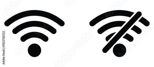 Wi-Fi and no WiFi icons vector illustrating connected and crossed-out signals for internet, offline mode, and network settings