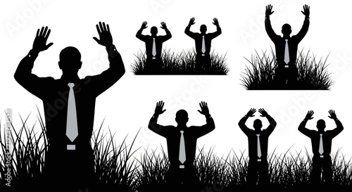 Silhouettes of businessmen with raised hands in the grass, symbolizing surrender or protest.