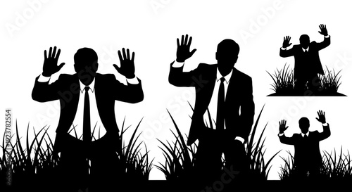 Silhouettes of businessmen with hands raised in surrender, emerging from tall grass.