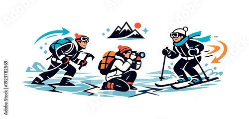 Vibrant Icy Landscape. Frozen landscapes. Vast icy plain with cracked ice patterns and distant mountains, cold