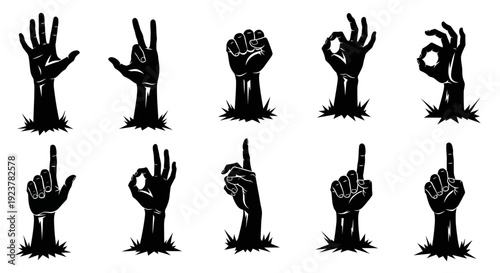 Collection of black silhouette hands emerging from the ground, displaying various gestures and signals.