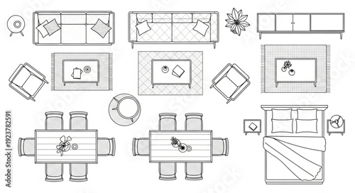 Top-down view of various furniture arrangements and room layouts for interior design.