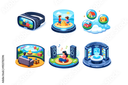 Immersive recall. Isometric flat vector icons set of immersive recall: VR headset memory view, holographic photo scene, floating memory orbs, immersive replay