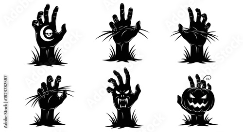 A collection of six black silhouette illustrations of zombie hands emerging from the ground, each with unique spooky details.