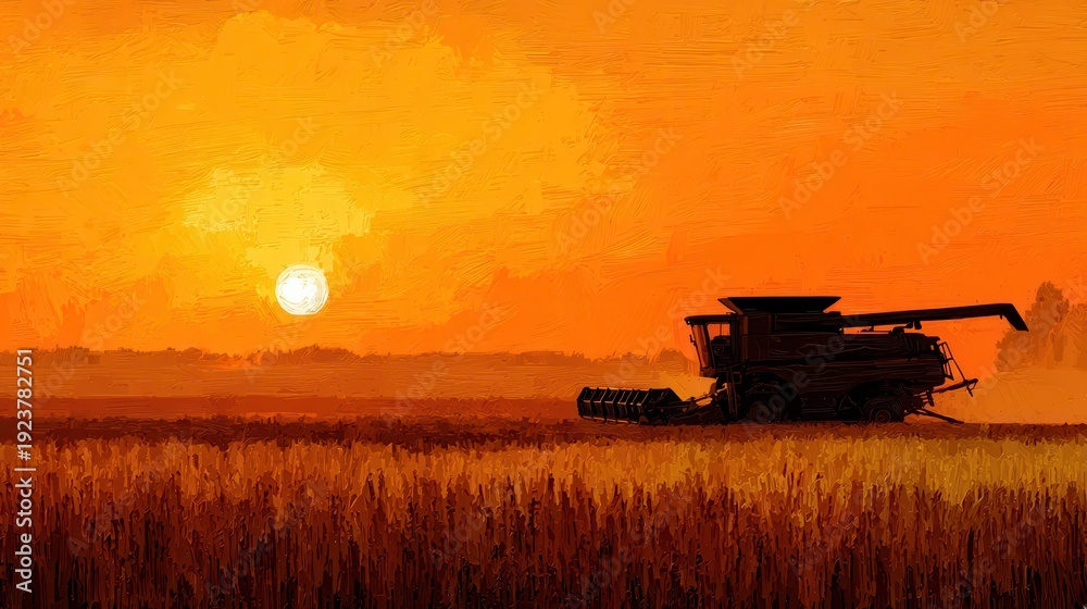 Fototapeta premium Silhouette of a combine harvester in a wheat field at sunset, digital oil painting style