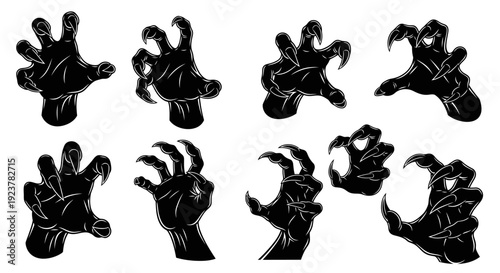 Collection of eight black silhouette monster claw hands reaching out in various menacing poses.