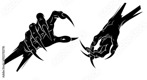 Two black silhouette monster hands with sharp claws reaching towards each other.